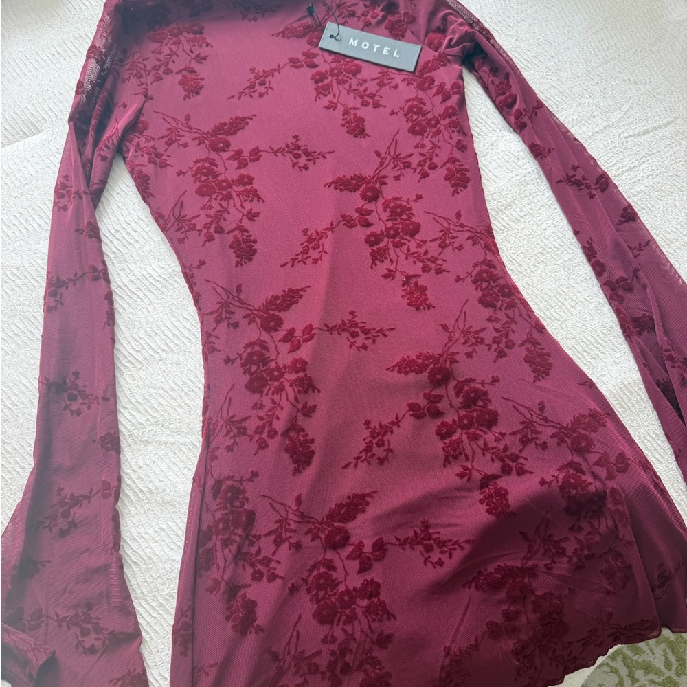 Motel Rocks Wine Floral Burnout Long Sleeve Dress